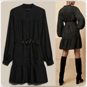 Black Long-Sleeve Belted Shirt Dress